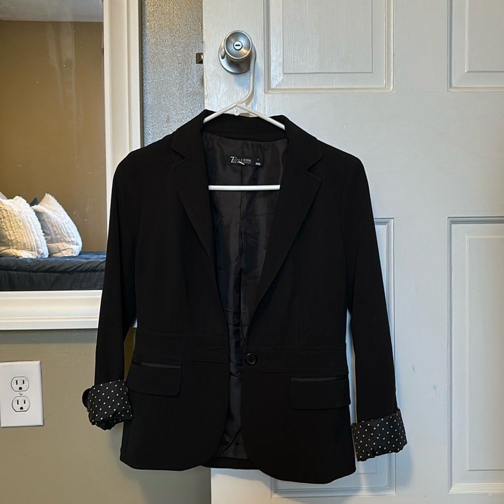 New York & Company Black Blazer with Polka Dot Cuffs